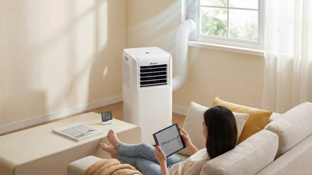 Ar-condicionado portátil Gree Aovia 12000 BTUs resfriando sala de estar com logo PortalClubTech no tablet.