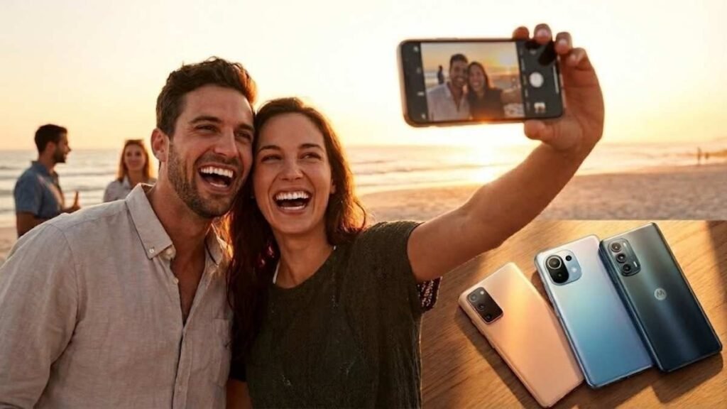 Casal feliz tirando uma selfie na praia ao pôr do sol com um smartphone, enquanto três modelos de celulares modernos de 2026 são exibidos em destaque no canto da imagem para ilustrar o guia de melhores câmeras boas e baratas.