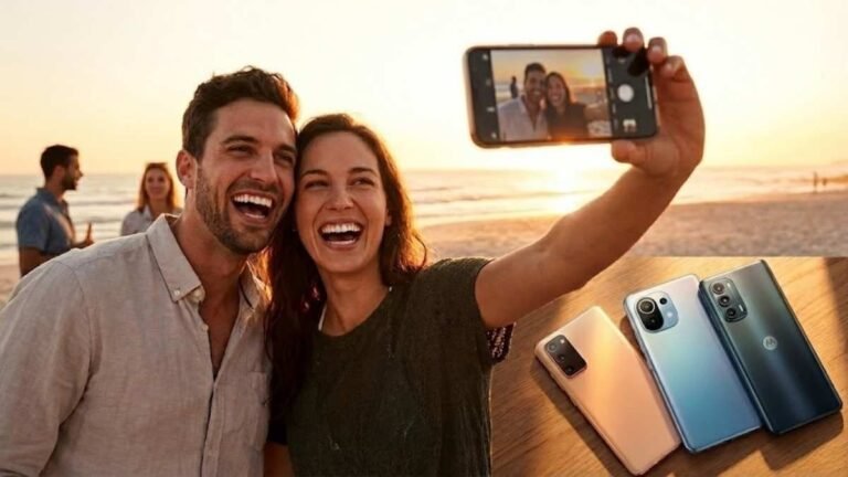 Casal feliz tirando uma selfie na praia ao pôr do sol com um smartphone, enquanto três modelos de celulares modernos de 2026 são exibidos em destaque no canto da imagem para ilustrar o guia de melhores câmeras boas e baratas.