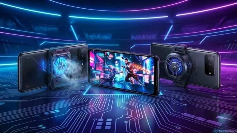 Três celulares gamer de alta performance com sistemas de resfriamento externo e iluminação neon em ambiente futurista para o PortalClubTech.