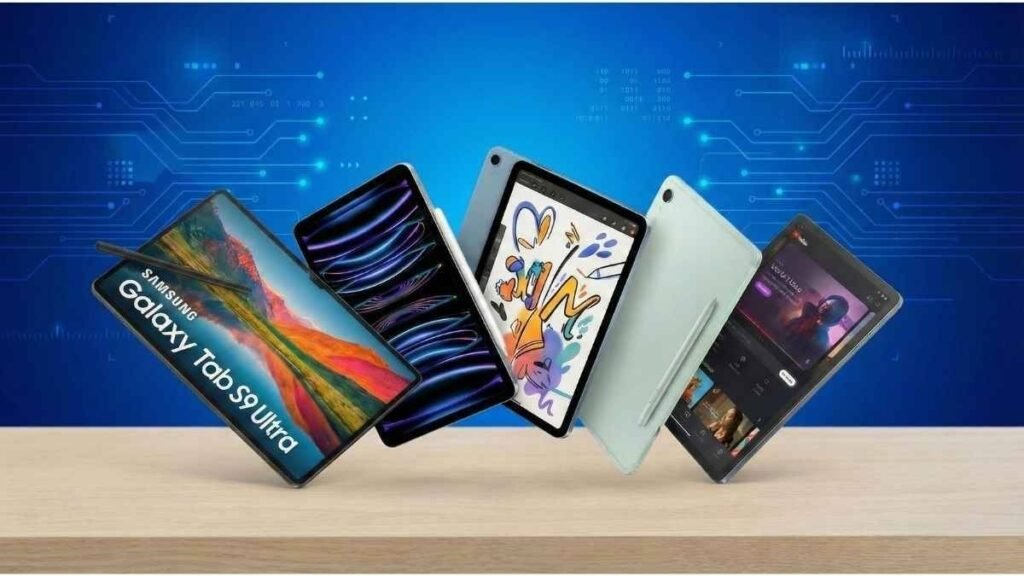 Seleção dos melhores tablets com chip 4G e 5G de 2026, mostrando modelos iPad e Samsung Galaxy Tab sobre uma mesa em fundo tecnológico azul