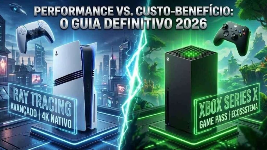 Comparativo visual entre o console PS5 Pro (lado esquerdo em azul neon com foco em Ray Tracing) e o Xbox Series X (lado direito em verde neon destacando o Game Pass). No centro, um efeito de raio separando as duas plataformas em um cenário futurista de tecnologia