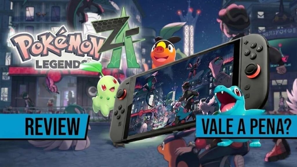 Capa de review do jogo Pokémon Legends: Z-A para o PortalClubTech, exibindo um Nintendo Switch com cenas do jogo, os Pokémon iniciais Totodile, Chikorita e Tepig, e o texto 'Review: Vale a pena?' sobre o fundo de Lumiose City.