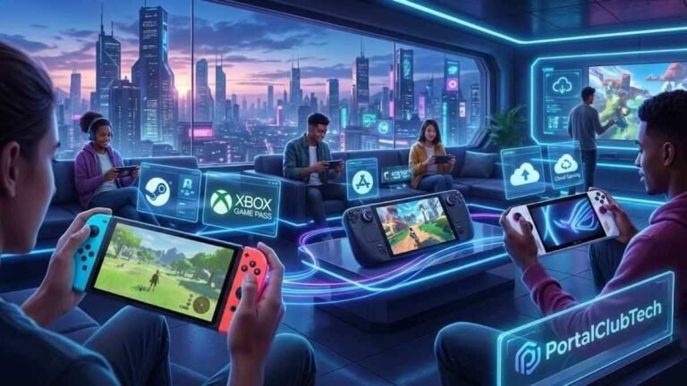 Gamers utilizando consoles portáteis modernos como Steam Deck, Nintendo Switch e ROG Ally em um ambiente futurista com ícones de Cloud Gaming e a marca PortalClubTech