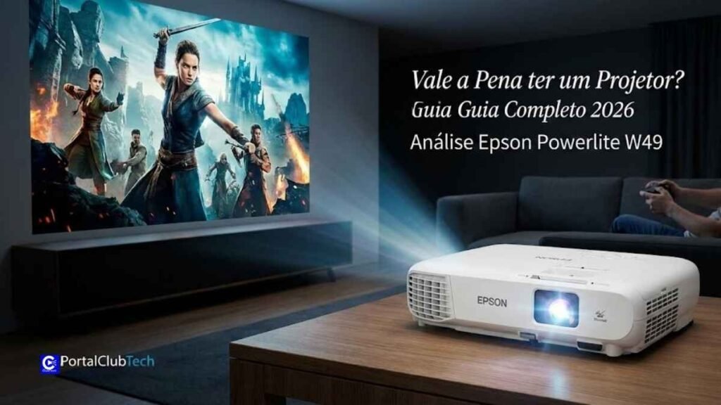 Projetor Epson Powerlite W49 ligado projetando imagem de alta definição em uma sala de estar moderna