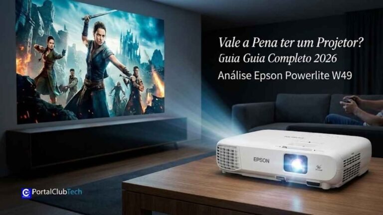 Projetor Epson Powerlite W49 ligado projetando imagem de alta definição em uma sala de estar moderna